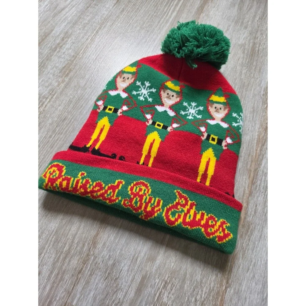 Elf Movie Raised By Elves Christmas Pom Pom Beanie Red Green One Size EUC